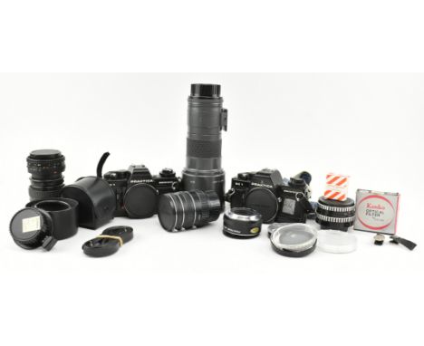 A collection of vintage 20th century cameras, camera accessories, lenses etc. The lot to include two Praktica BC1 electronic 