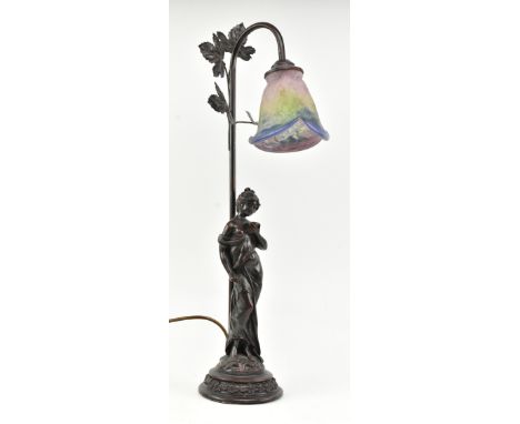 After L. &amp; F. Moreau (French, 1834-1917) - An Art Nouveau style bronzed spelter desk table lamp in the shape of a lady wi