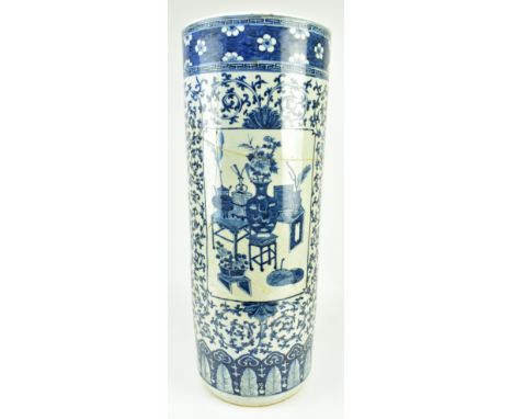 A very large Qing dynasty blue and white sleeve vase / umbrella stick stand. The vase decorated with key fret motif, prunus s