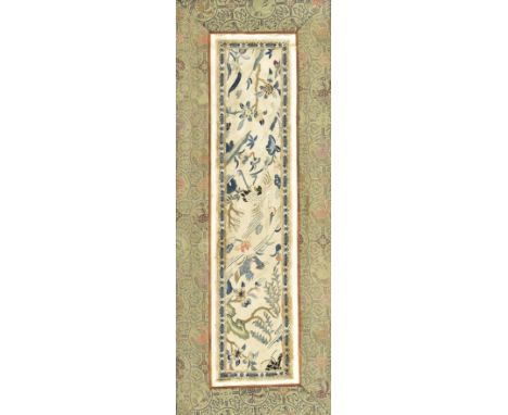 A Qing Dynasty Chinese silk embroidery panel. The textile featuring hand embroidered central panel with floral &amp; foliate 