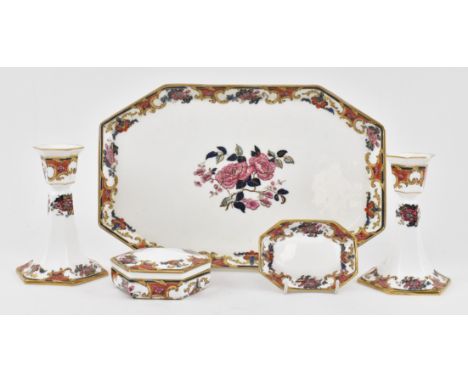 A late 19th / early 20th century Wedgwood fine bone china dressing table five piece set in the Imari pattern. The set compris