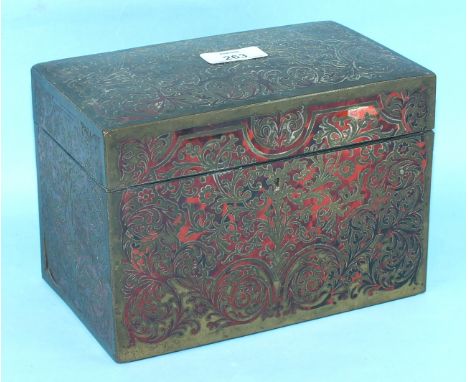An early-19th century tortoiseshell and boulle-work tea caddy, the rectangular lid enclosing two lidded tea compartments, 22c