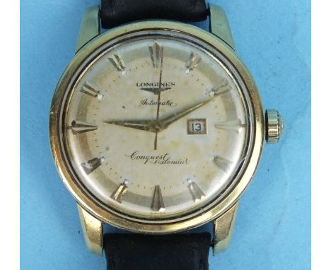 A gentleman's Longines Conquest Calendar wrist watch with calendar aperture, sweep seconds and steel back, on leather strap.