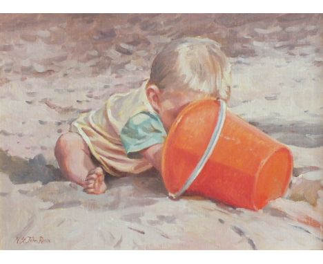 **Nicholas St John Rosse CHILD PLAYING WITH AN ORANGE BUCKET Signed oil on canvas, laid on board, 29 x 40cm.
