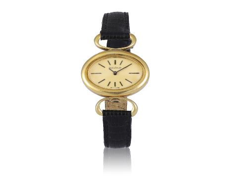 JAEGER LECOULTRE An 18k yellow gold oval shaped manual wind lady’s wristwatchYear : C. 1950 Dial : Champagne with blackened a