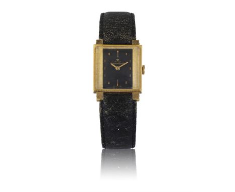 JAEGER LECOULTRE An 18k yellow gold square tank style manual wind wristwatchYear : C. 1940 Dial : Black with gold applied bat