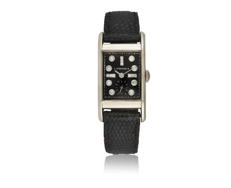 LONGINES A 14k white gold Tank-Style Rectangular « sertie » manual wind wristwatchYear : C. 1940 Dial : Black with gold diamo