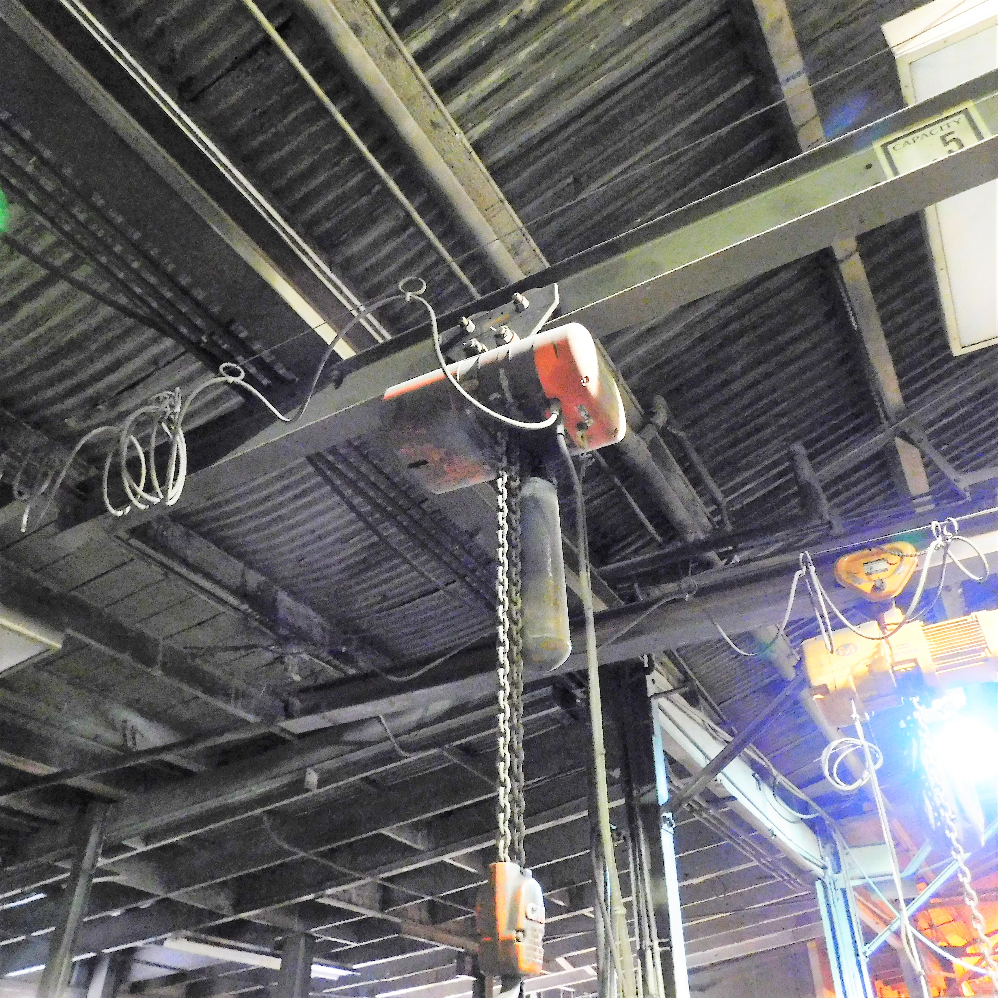 SINGLE I BEAM TROLLEY HOIST, APPROX. 17' SPAN, W/ C/M 5TON ELECTRIC HOIST W/ PENDANT CONTROL