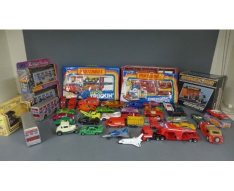 Two packs of Matchbox vehicles - Keep on Trucking and Emergency Services, a number of loose vehicles and a Scalextric C703 Pi