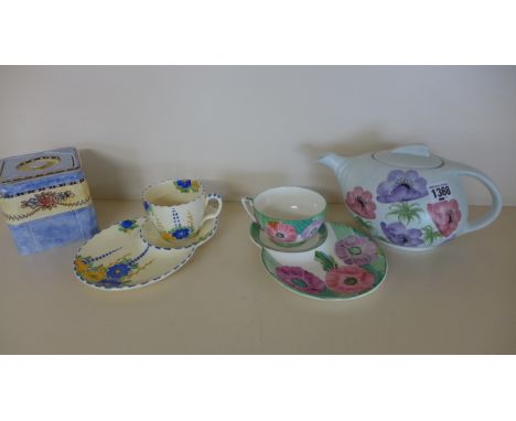 Two Crown Devon sandwich sets, a Grimwades cube tea pot and a Radford Anenome streamliner teapot - all have some crazing, sta