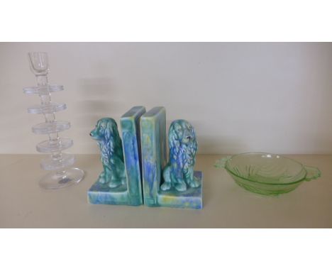 A pair of Art Deco dog bookends, a Kings Lynn Crystal candle stick - Height 22cm - and a green glass dish