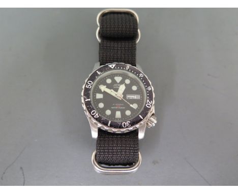 ADU Automatic Divers watch, black dial with illuminous marker, centre sweep seconds with day and date aperture at 3 o'clock C