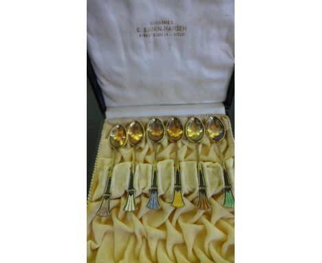 A set of silver and enamel spoons by B Bjorn Hansen Oslo