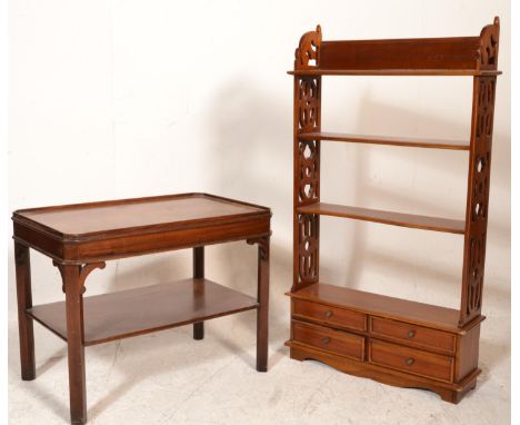 A Georgian revival mahogany tray top table having squared legs with gallery surround to the tiers together with a mahogany / 