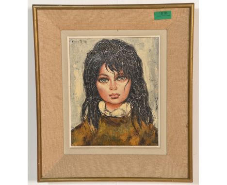 A vintage retro 20th Century oil on canvas portrait painting depicting a stylised girl with dark hair set within a canvas and