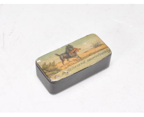 A 19th century George III papier mache snuff box of rectangular form being decorated with a hound carrying a rabbit&nbsp; wit