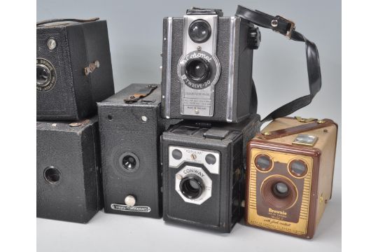 A collection of box cameras to include Kodak Brownie No 2A, Hakeye Mod