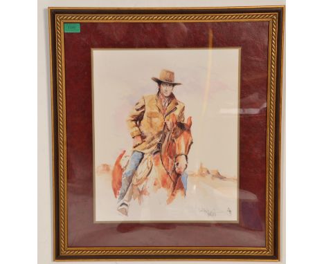 Terry Shelbourne ( British 20th century) A watercolour portrait of John Wayne in Wild West costume being framed and glazed. S