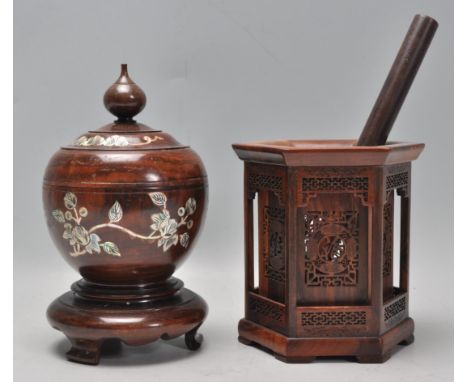 A mixed group of 20th Century Chinese wares to include a carved wood brush pot of hexagonal form with carved and engraved pan