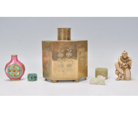 A mixed group of Chinese wares dating from the early 20th Century to include a brass tea caddy of hexagonal form with engrave