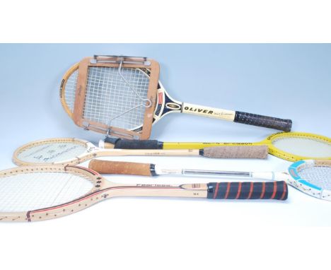 A collection of vintage wooden tennis and squash rackets to include a Rucanor Fearless , an Oliver Mal Anderson, White Wings,