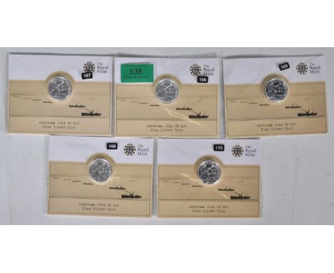 A group of five silver Royal Mint First World War Centenary Outbreak 2014 20 pound commemorative silver coins all within thei