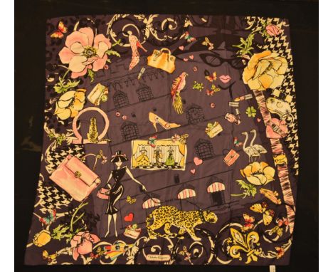 A vintage Salvatore Ferragamo Italian silk scarf having a purple ground with boutique theme decoration and a leopard. Marked 