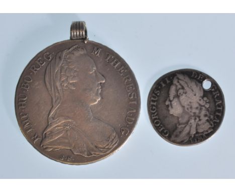 A 1780 Maria Theresia Austrian silver thaler coin pendant together with a&nbsp;George II 1745 Lima silver half crown coin pen