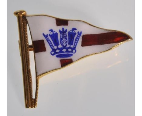 An English hallmarked 9ct yellow gold&nbsp;Yachting flag brooch with enamelled flag decoration having a roller clasp. Hallmar