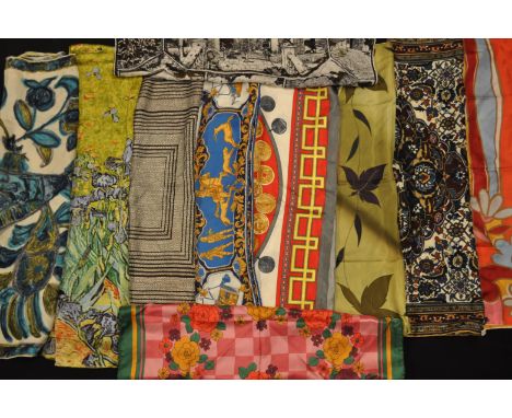 A group of ten vintage silk scarves to include British Museum, Emanuel Ungaro, PastoTimes, Jeanne Lanvin, Paul Dorrell, Besco