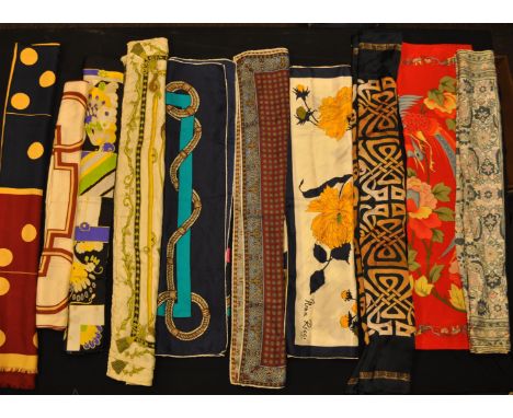 A collection of ten vintage silk neck scarves to include, Biba, Helena Rubinstein, Nina Ricci, Jacques Fath, Cerruti, Bayron 