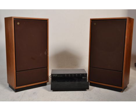 A large pair of 20th century teak cased Tannoy Cheviot floor standing hi-fi speakers. Each of large form with teak cased surr