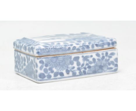 A Chinese blue and white ink / wax pot / box of rectangular form having a hand painted landscape scene panel to the top with 