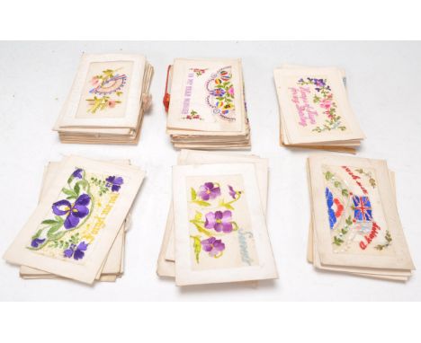 A lovely collection of early 20th Century WWI First World War era silk postcards of varying designs to include Happy Birthday