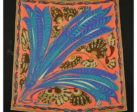 A vintage Emilio Pucci Fuilio silk scarf having a pink ground with blue and brown patterning. Marked Fuilio.&nbsp;