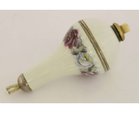 A French silver and enamel bell push,c.1920,decorated with a running band of rosebuds against a white guilloché ground,7cm lo