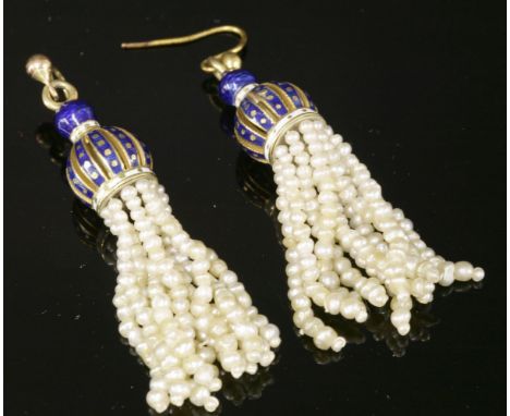A pair of gold enamel and seed pearl tassel drop earrings,with pierced caps decorated with blue and white guilloché enamel wi