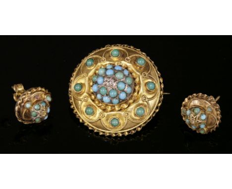 A Victorian gold, diamond and turquoise shield-style brooch and matched earring suite,the circular shield form brooch with a 