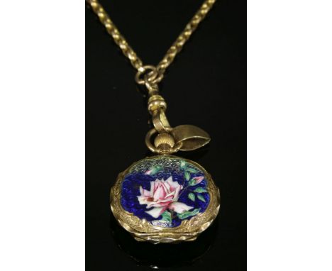 A ladies' gold Swiss fob watch,with polychrome enamel back case suspended on a gold guard chain.  The fob watch 29mm diameter