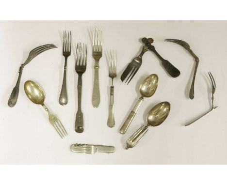 Twelve folding fork and spoons,19th and 20th century,including two French silver, one German silver, and a contracting spoon 