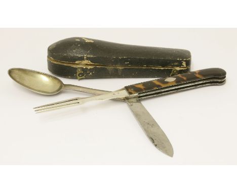 Two silver travelling setsboth of penknife form, one George III tortoise with silver spoon, silver three tine fork and steel 