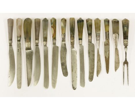 A group of thirteen knives,the majority late 17th century,with varying agate handles, the majority tapering faceted, some wit