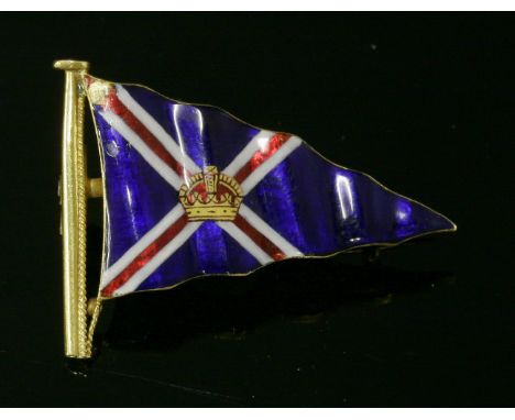 An early 20th century gold and enamel burgee for the Royal Motor Yacht club,marked 18ct Benzie Cowes.  31 x 23mm, 4.98g