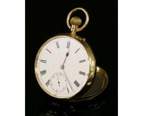 An 18ct gold open-faced pocket watch,48mm diameter, with a white enamel dial, black Roman numerals, subsidiary seconds dial a