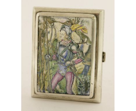 A silver and enamel case,probably German, c.1900,with romantic scene of a knight and horse, hinged cover and gilt interior, 9