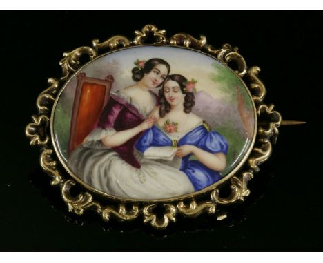 A Victorian painted Berlin enamel plaque brooch,depicting two ladies in 18th century costume to a scrolling gold frame. Teste