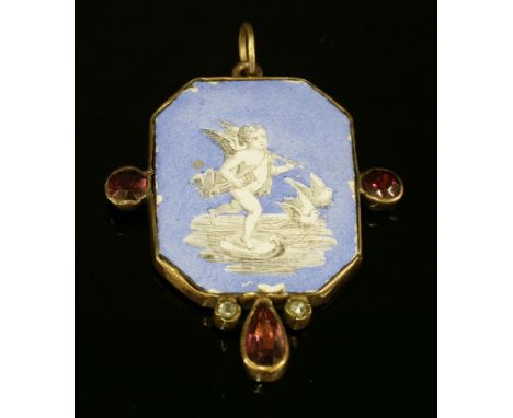 A Georgian garnet, diamond and enamel plaque pendant,with an hexagonal enamel plaque depicting Eros to a sky blue ground.  A 