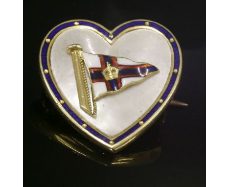 An early 20th century enamel and mother-of-pearl yacht club burgee badge or brooch,an enamelled Dorset Yacht Club burgee to a