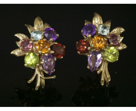 A pair of multi gem set gold spray earrings by Cropp & Farr, c.1950, with assorted gemstones to include citrine, garnet, peri
