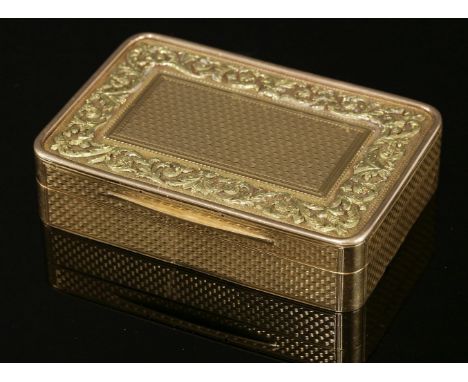A George lll 18ct two-colour gold snuff box, London, 1809,by Alexander J Strachan.  Rectangular rose gold rounded corner form